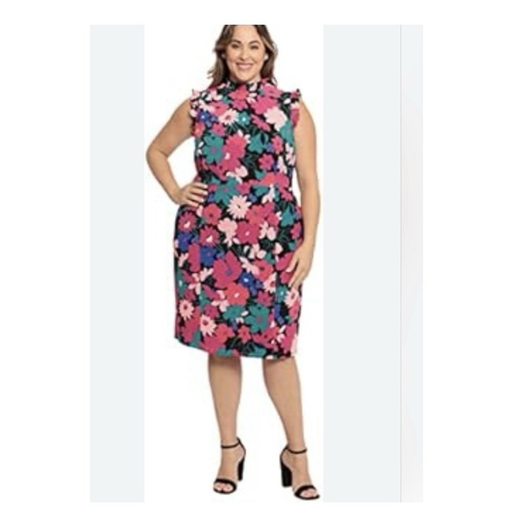 London Style Collection Floral Mock Neck Dress Size‎ 16 Pink Blue Green